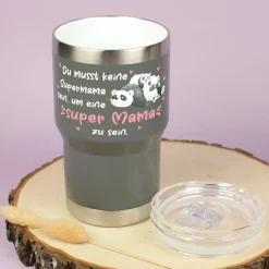Thermobecher - Super Mama - mit Panda Motiv | Kaffeebecher Coffee to go 350ml für Muttertag in grau & beige