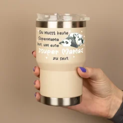 Thermobecher - Super Mama - mit Panda Motiv | Kaffeebecher Coffee to go 350ml für Muttertag in grau & beige