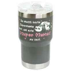 Thermobecher - Super Mama - mit Panda Motiv | Kaffeebecher Coffee to go 350ml für Muttertag in grau & beige