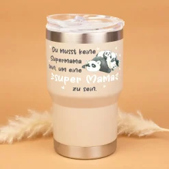 Thermobecher - Super Mama - mit Panda Motiv | Kaffeebecher Coffee to go 350ml für Muttertag in grau & beige