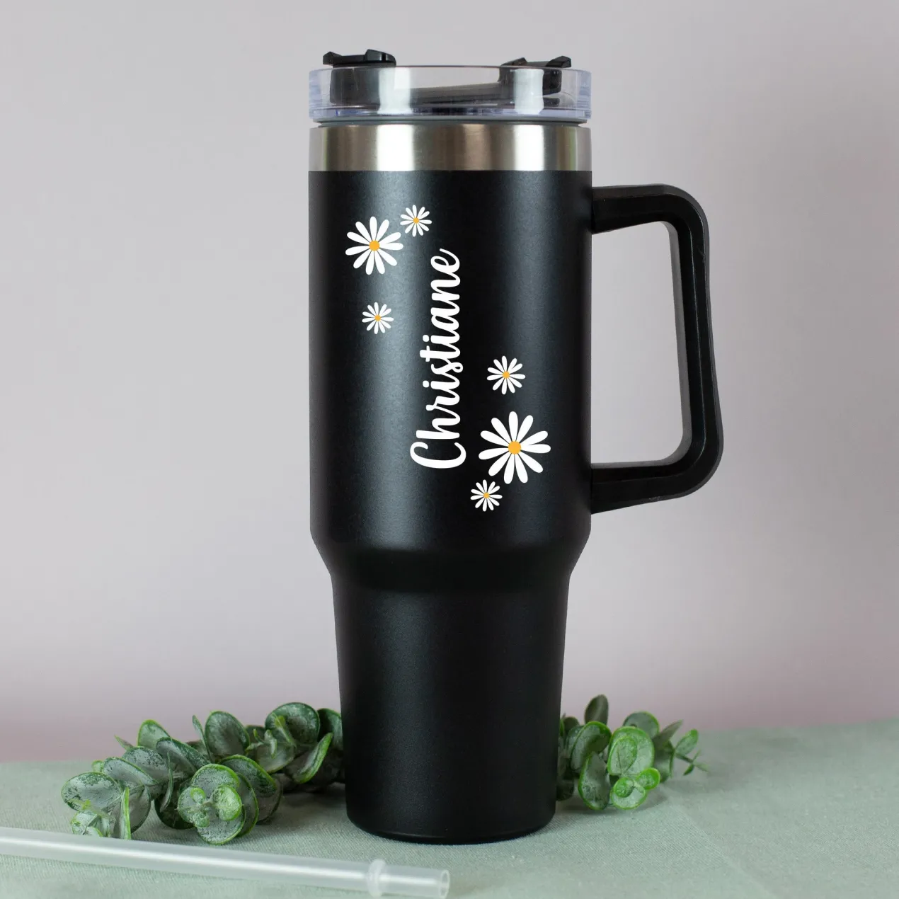 Thermobecher XXL personalisiert mit Name | Blumen Motiv | Thermo Cup 1,2 Liter