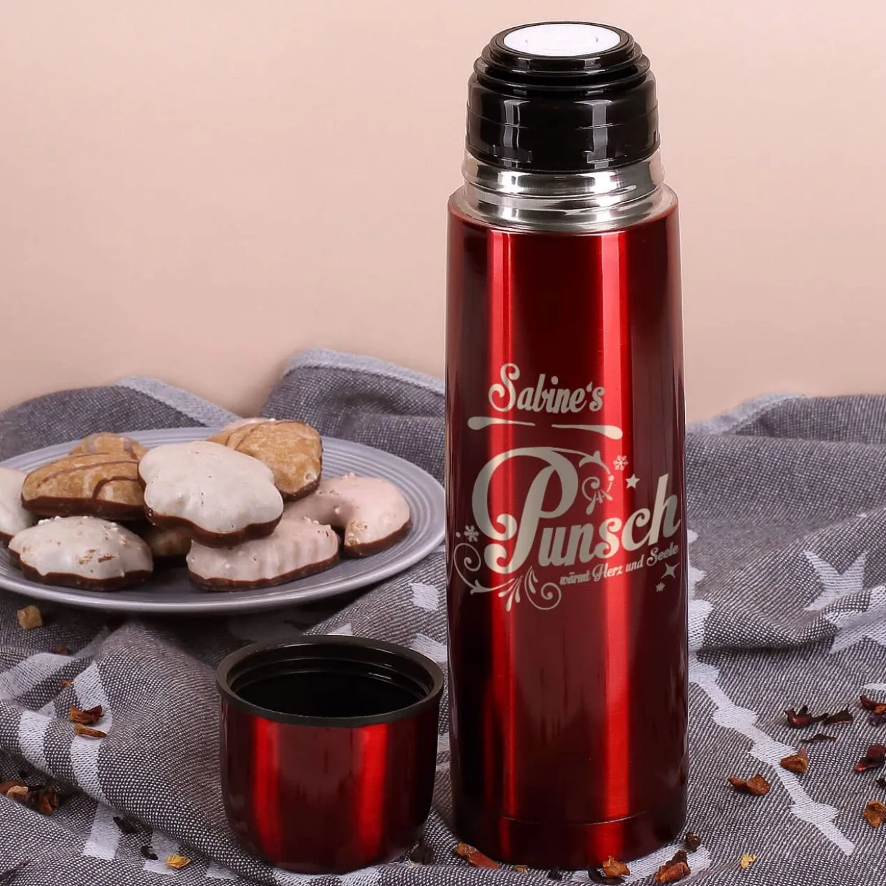 Thermosflasche graviert mit Punsch-Motiv und Name