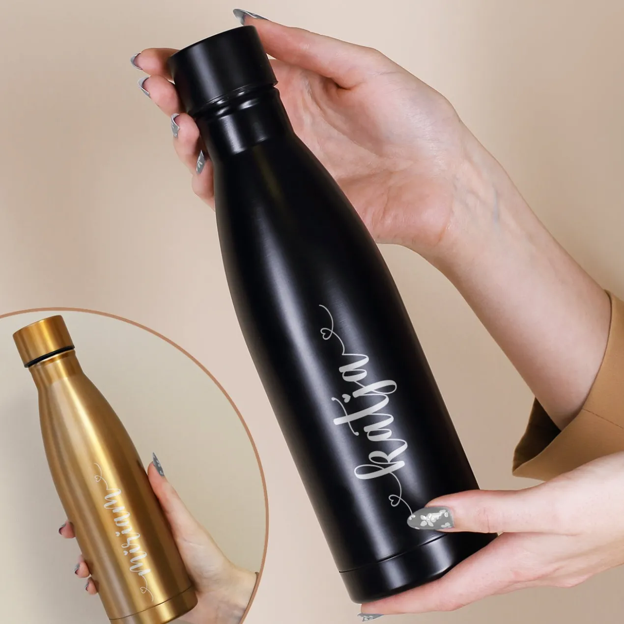 Thermosflasche in schwarz oder kupfer mit Namensgravur