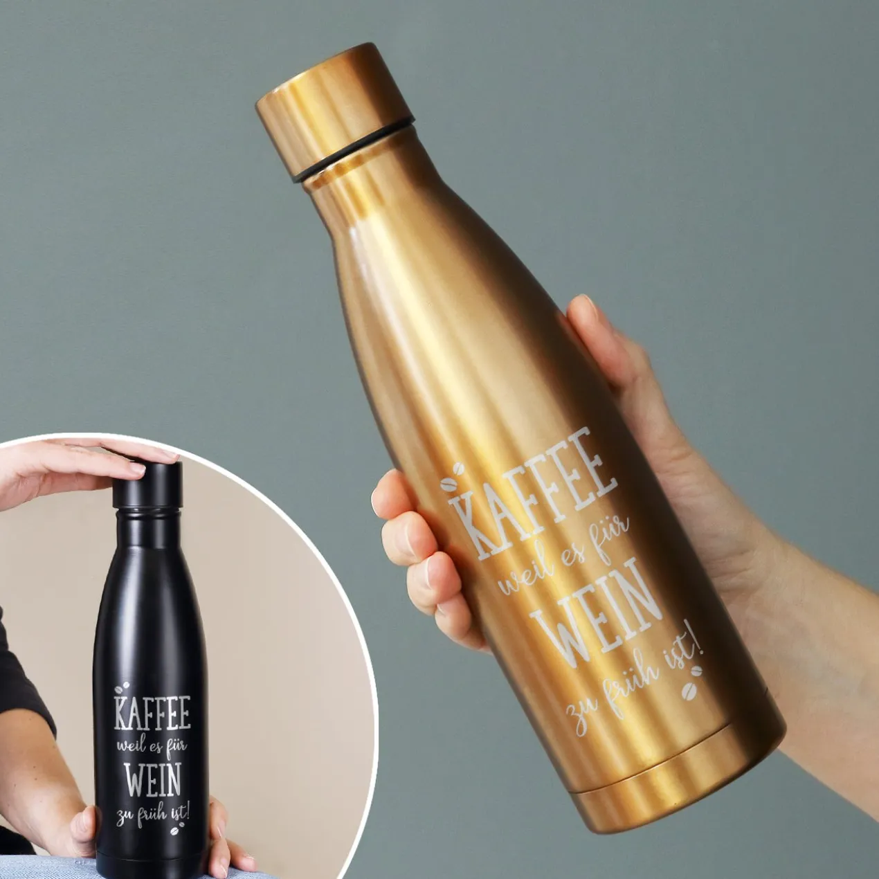 Thermosflasche mit Kaffeemotiv und Wunschtext