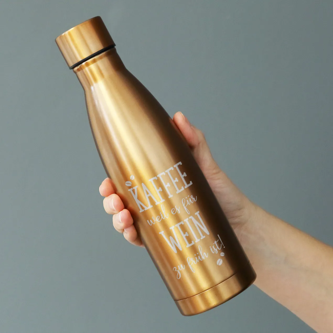 Thermosflasche mit Kaffeemotiv und Wunschtext