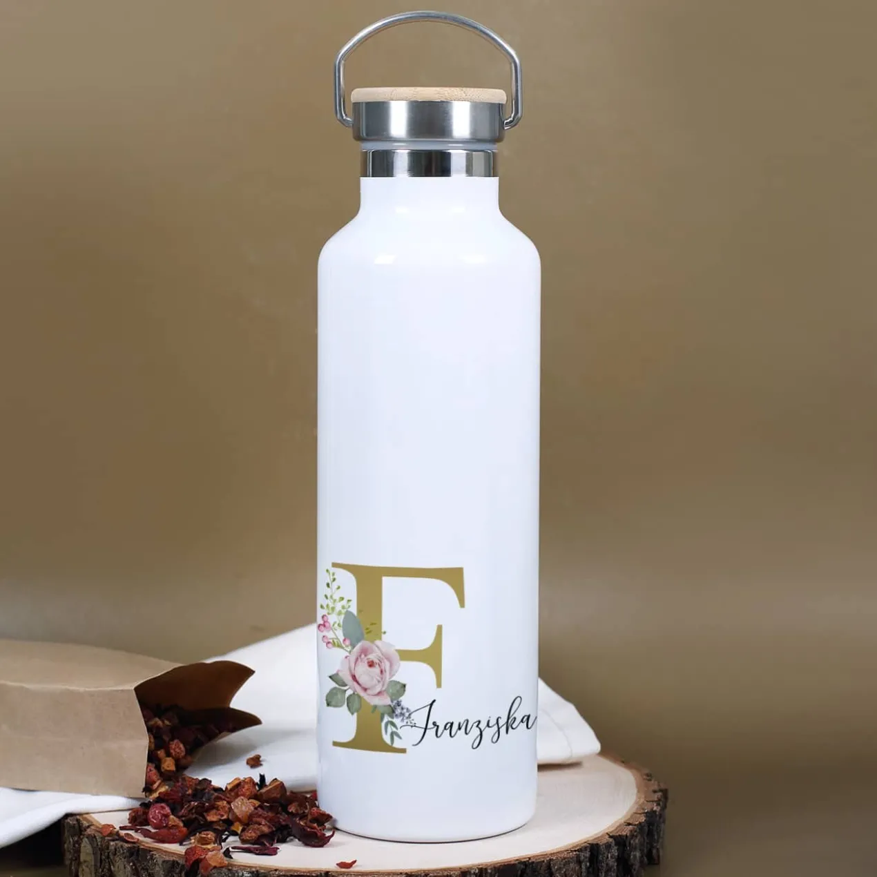 Thermosflasche mit Rosen-Monogramm, Name und Initiale bedruckt