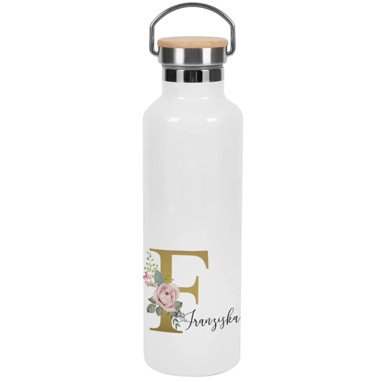 Thermosflasche mit Rosen-Monogramm, Name und Initiale bedruckt