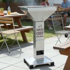 Thüros T2 Edelstahl Säulengrill für Holzkohle mit persönlicher Gravur | Hochwertiger Grill als Geschenk
