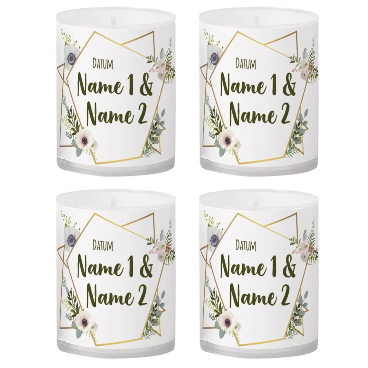 Tischdeko - 4 kleine Kerzen zur Hochzeit mit Blüten, Namen und Datum