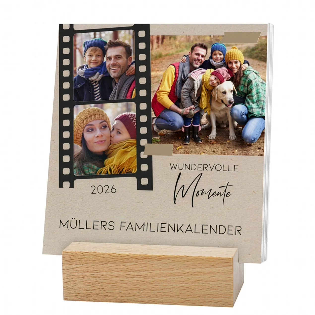Tischkalender 2026 mit 3 Bilder pro Monat und Holzsockel