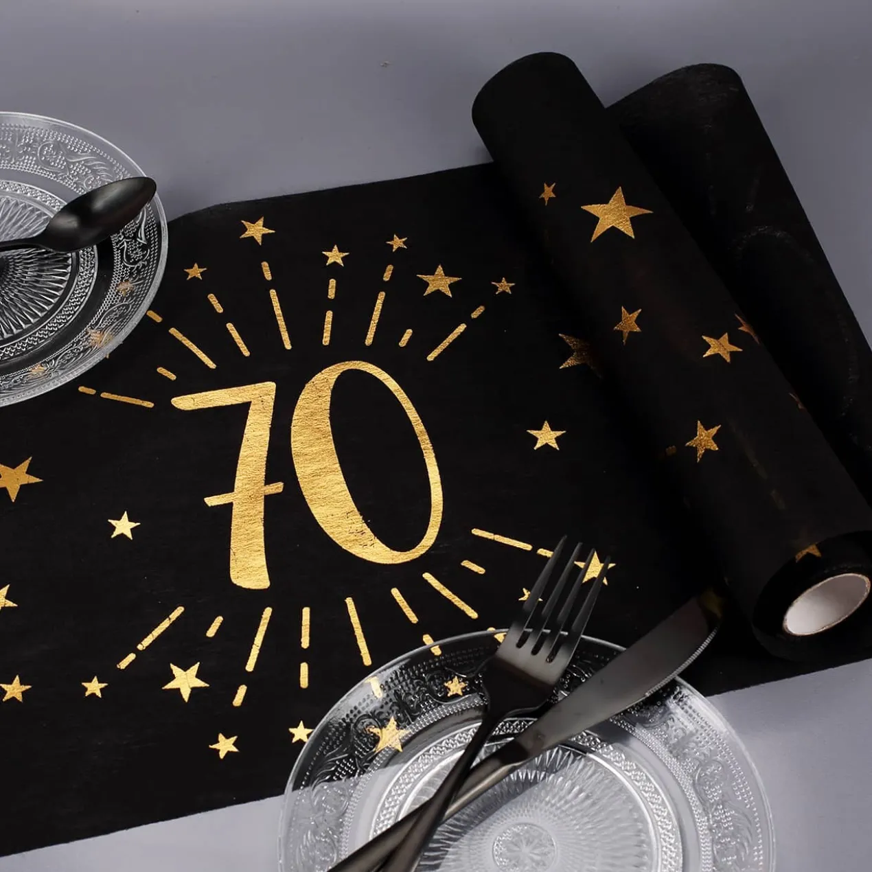 Tischläufer aus Vlies zum 70. Geburtstag - schwarz/gold