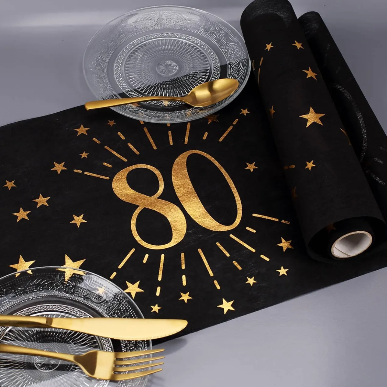 Tischläufer aus Vlies zum 80. Geburtstag - schwarz/gold