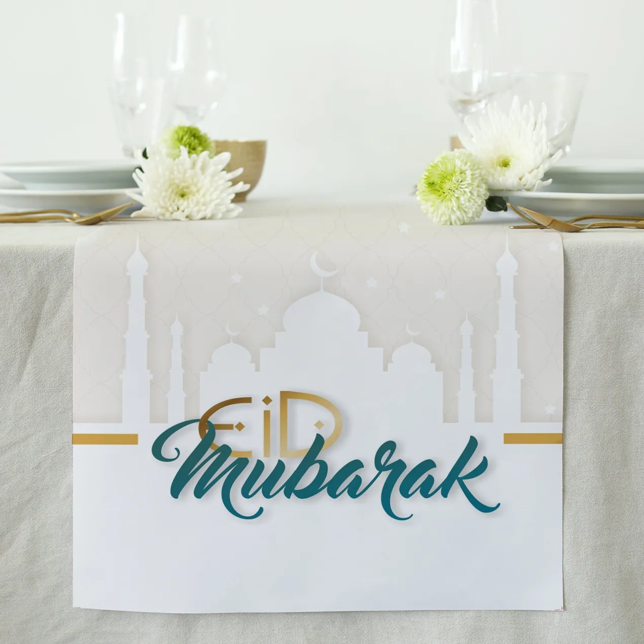 Tischläufer Eid Mubarak zum Zuckerfest | Tischdekoration für Ramadan & Eid al-Fitr | 2 Größen