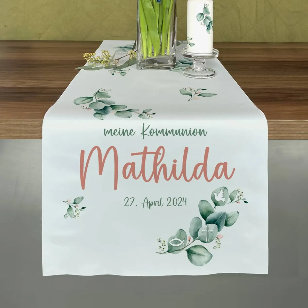 Tischläufer mit Eukalyptus-Motiv zur Kommunion, Konfirmation oder Taufe - in zwei Längen