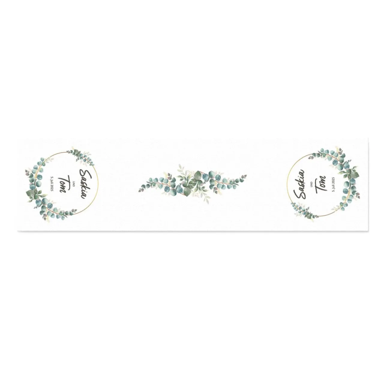 Tischläufer zur Hochzeit mit Eukalyptus-Motiv, Namen und Datum - in zwei Längen
