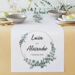 Tischläufer zur Hochzeit mit Eukalyptus-Motiv, Namen und Datum - in zwei Längen