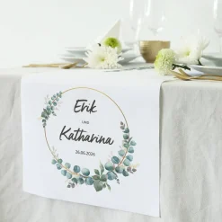 Tischläufer zur Hochzeit mit Eukalyptus-Motiv, Namen und Datum - in zwei Längen