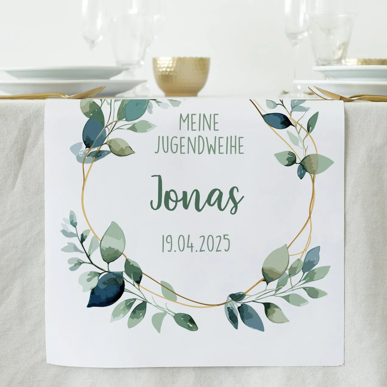 Tischläufer zur Jugendweihe mit Eukalyptus-Motiv personalisiert mit Name & Datum