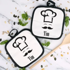 Topflappen 2er Set personalisiert mit Name | Kochmützen-Motiv