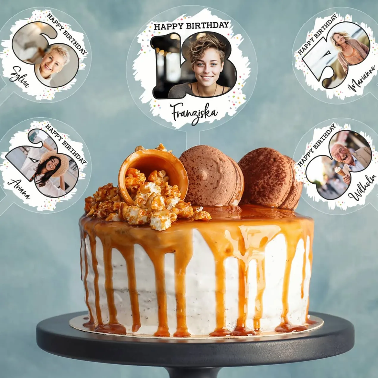 Tortentopper - Happy Birthday- für Ihr Wunschalter mit Foto und Namensaufdruck
