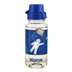 Transparente Trinkflasche mit Name und kleinem Astronaut im Weltall 0,4 L