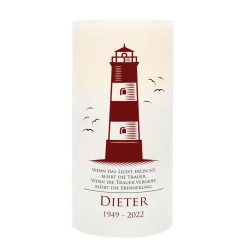 Trauerkerze LED mit Leuchtturm, Name und Datum bedruckt