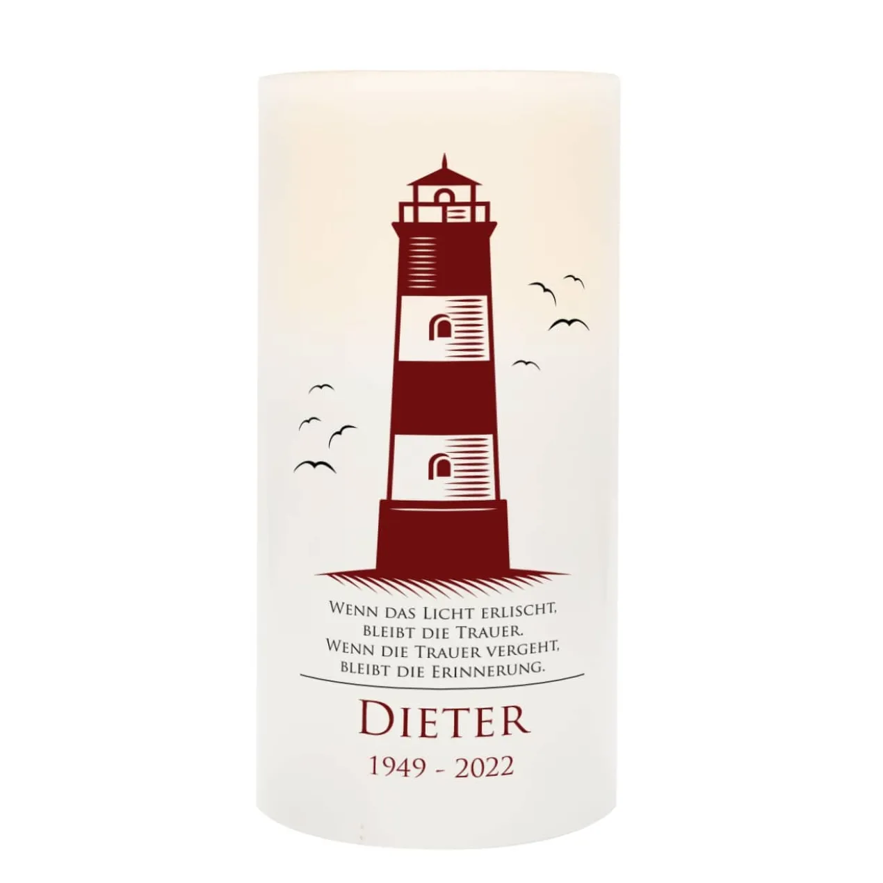 Trauerkerze LED mit Leuchtturm, Name und Datum bedruckt