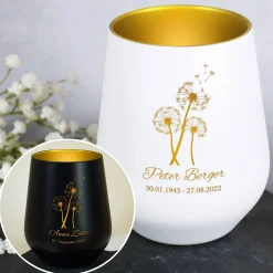 Trauerwindlicht mit Pusteblume, Name und Datum