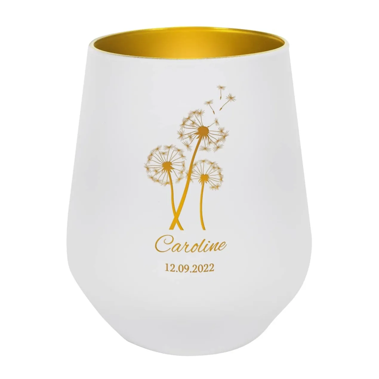 Trauerwindlicht mit Pusteblume, Name und Datum