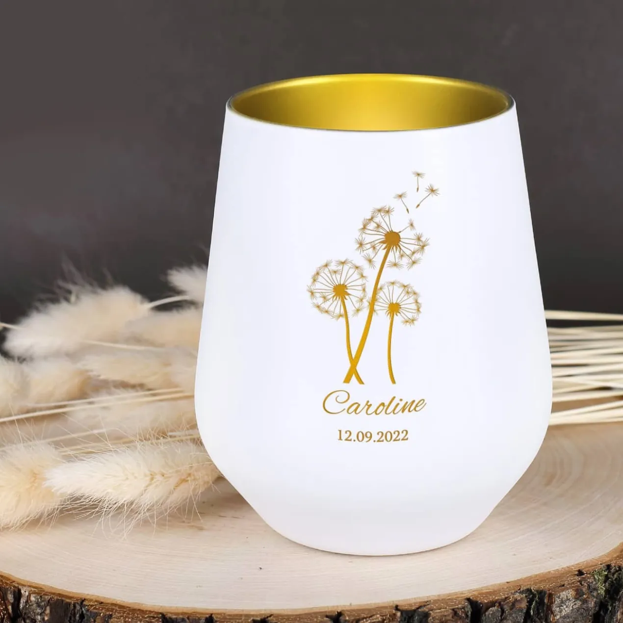 Trauerwindlicht mit Pusteblume, Name und Datum