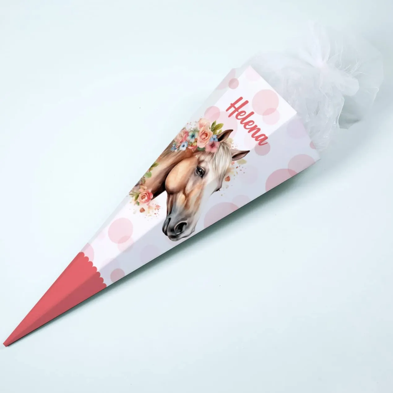 Traumhafte Schultüte mit Pferd, Blumen, Punkten und Name