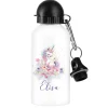 Trinkflasche aus Aluminium mit Einhorn-Motiv im Watercolorstil, Blüten und Name