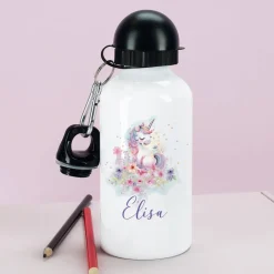 Trinkflasche aus Aluminium mit Einhorn-Motiv im Watercolorstil, Blüten und Name
