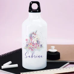 Trinkflasche aus Aluminium mit Einhorn-Motiv im Watercolorstil, Blüten und Name