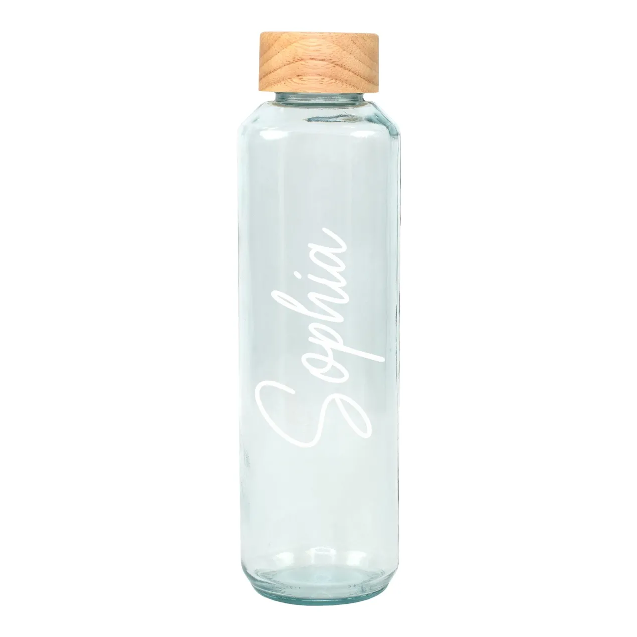 Trinkflasche aus Glas mit Name personalisiert 600 ml | Handmade Flasche mit Holzdeckel als Geschenk