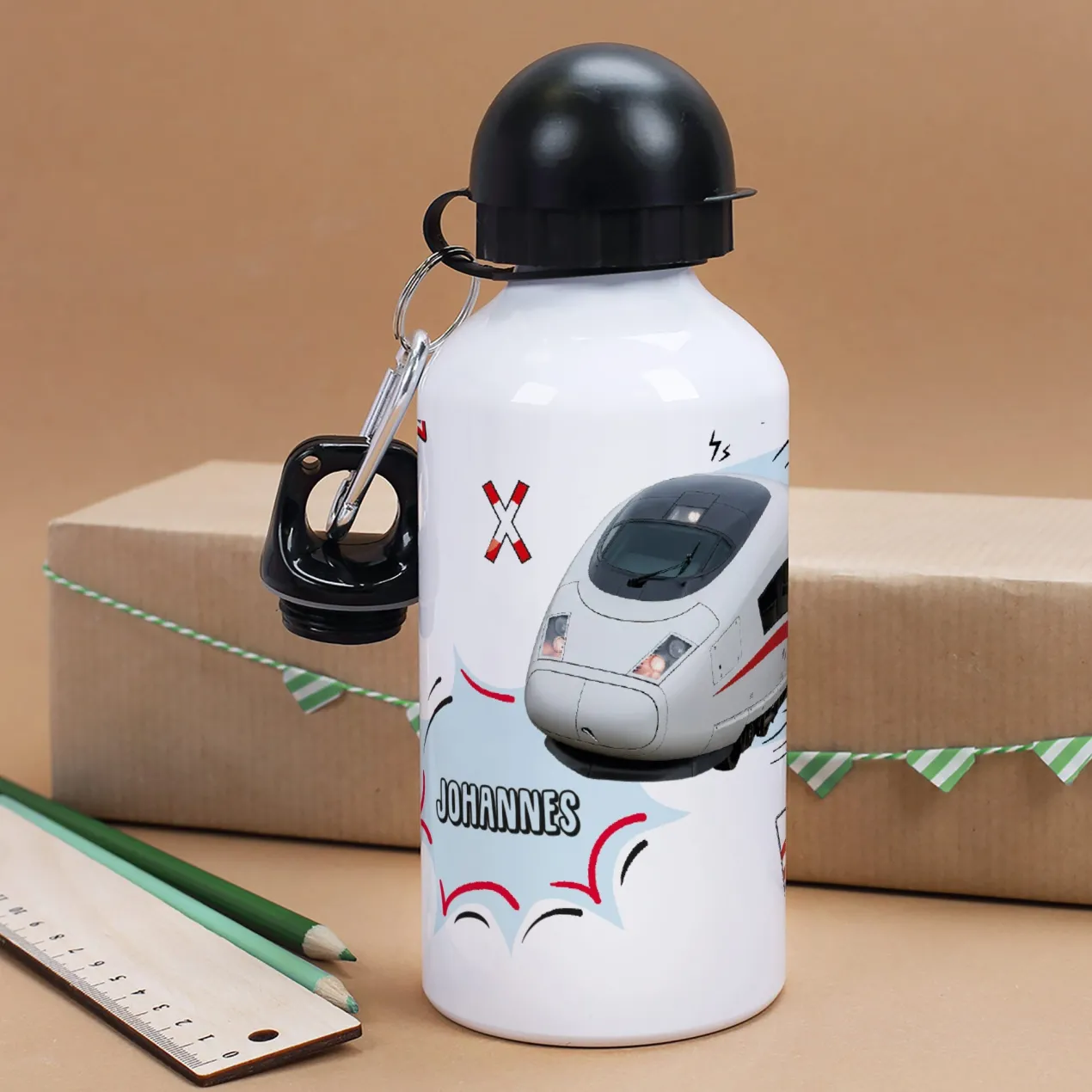 Trinkflasche für Kinder mit Zug-Motiv personalisiert mit Name | Metall | 500ml