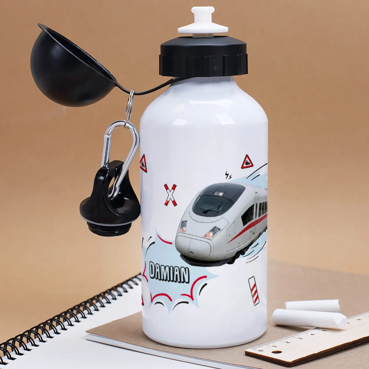 Trinkflasche für Kinder mit Zug-Motiv personalisiert mit Name | Metall | 500ml