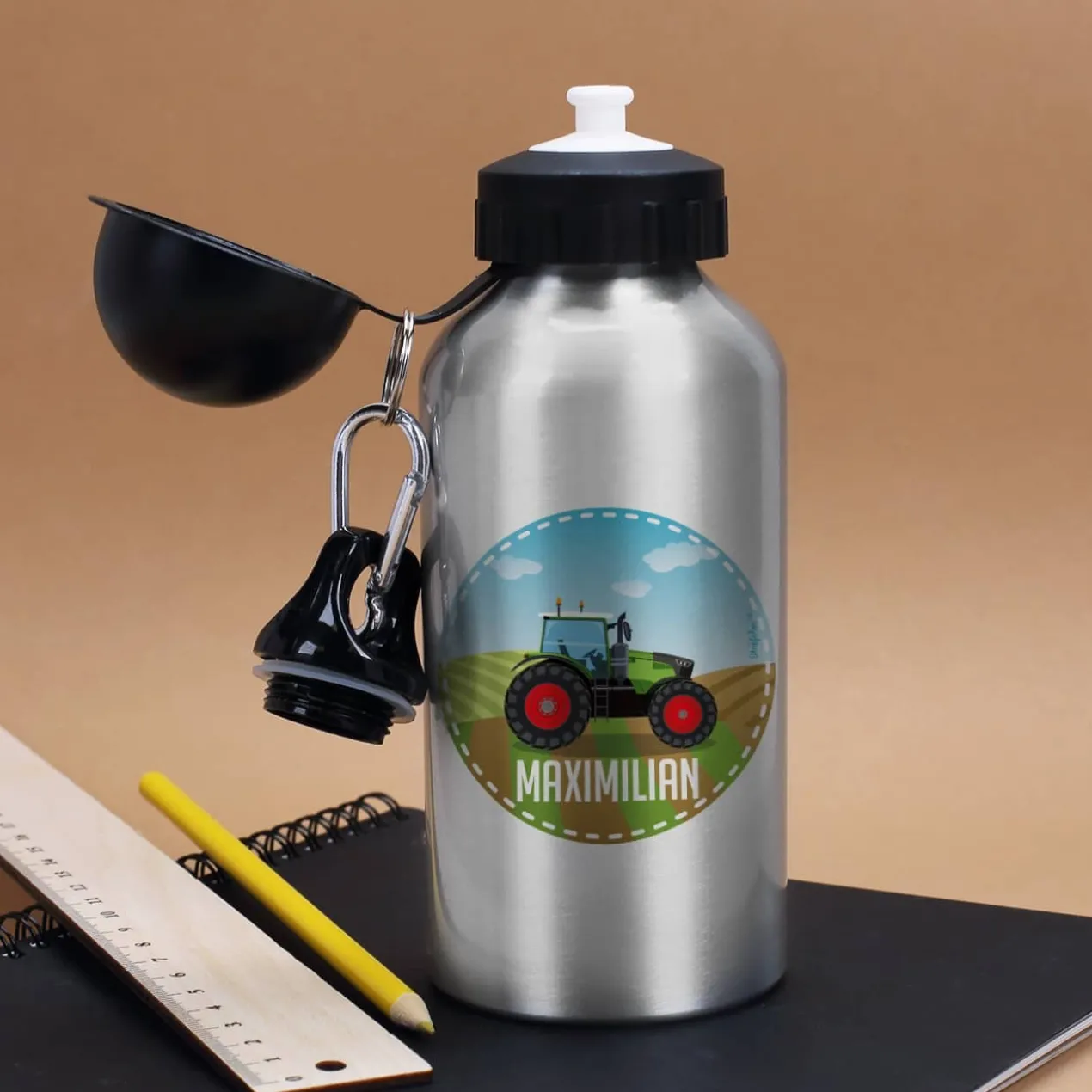 Trinkflasche in Silber mit Traktor und Ihrem Wunschnamen bedruckt