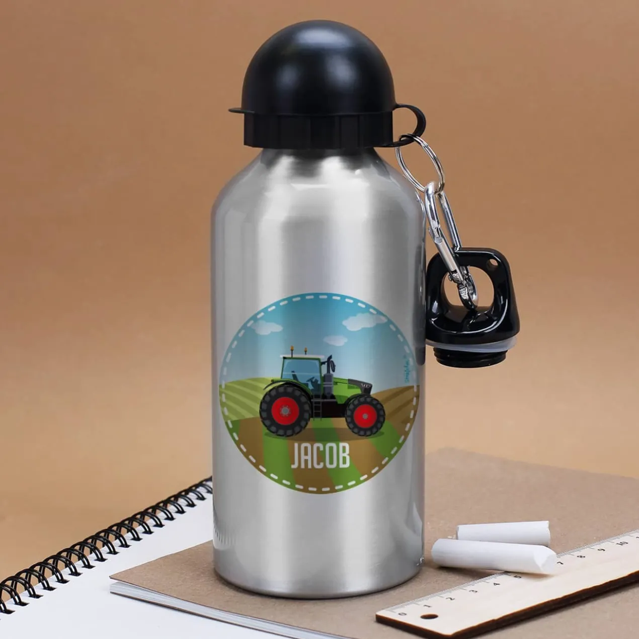 Trinkflasche in Silber mit Traktor und Ihrem Wunschnamen bedruckt