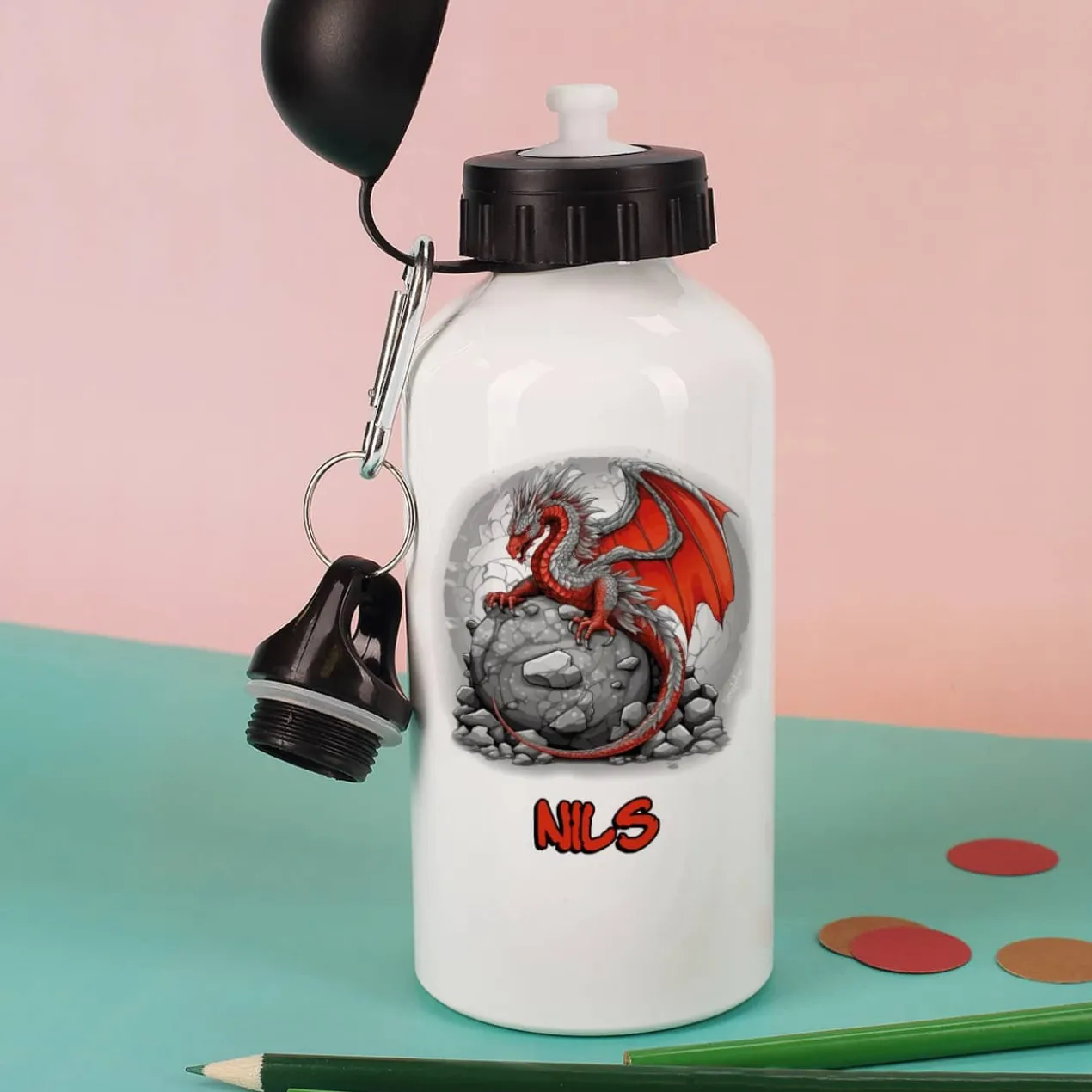 Trinkflasche mit Drachen-Motiv und Wunschname