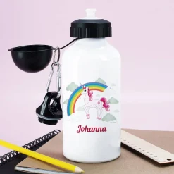 Trinkflasche mit Einhorn, Regenbogen und Name