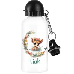 Trinkflasche mit Rehkitz, Blumenranke und Name bedruckt
