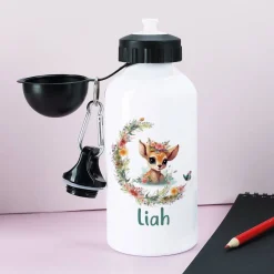 Trinkflasche mit Rehkitz, Blumenranke und Name bedruckt