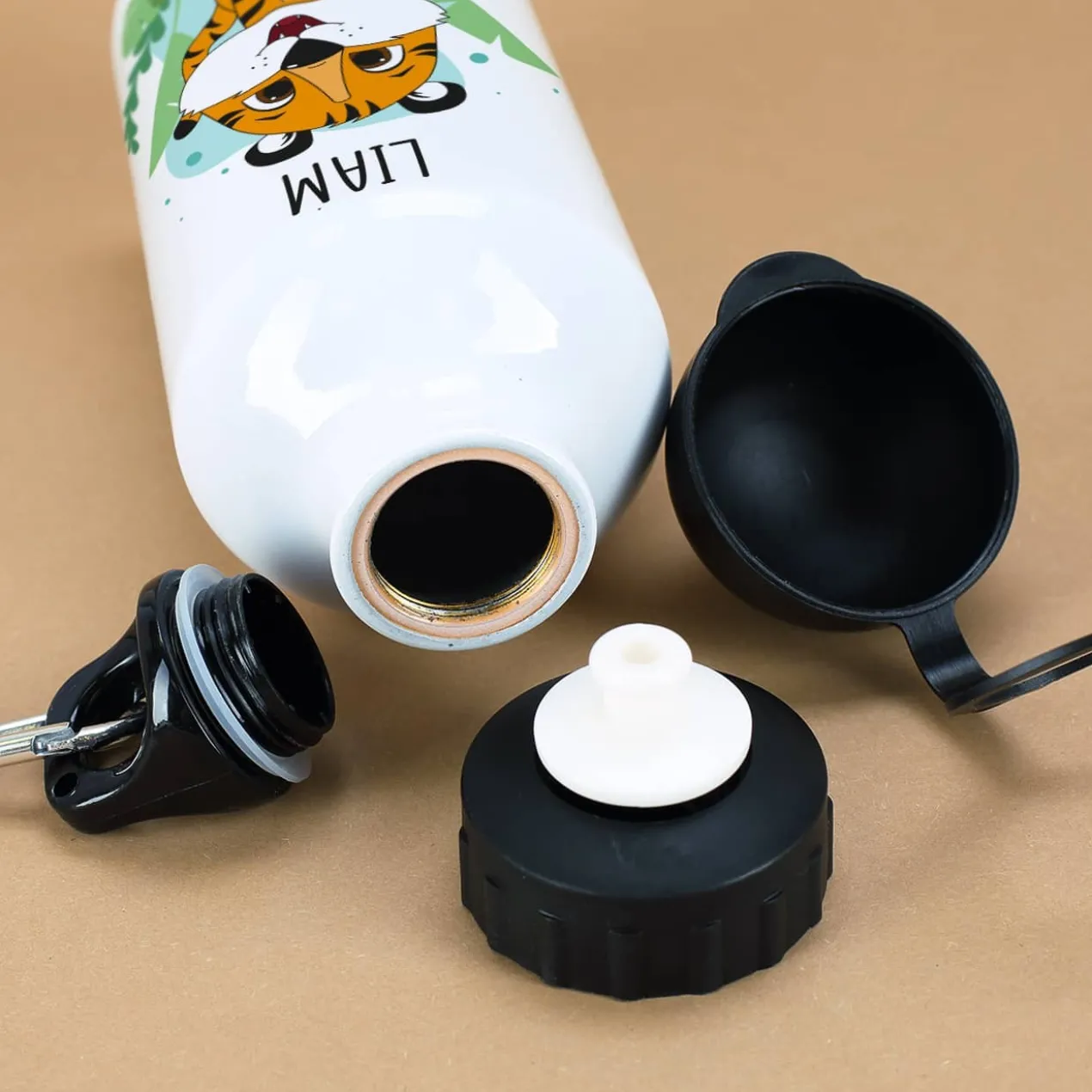 Trinkflasche mit Tigermotiv und Namensaufdruck