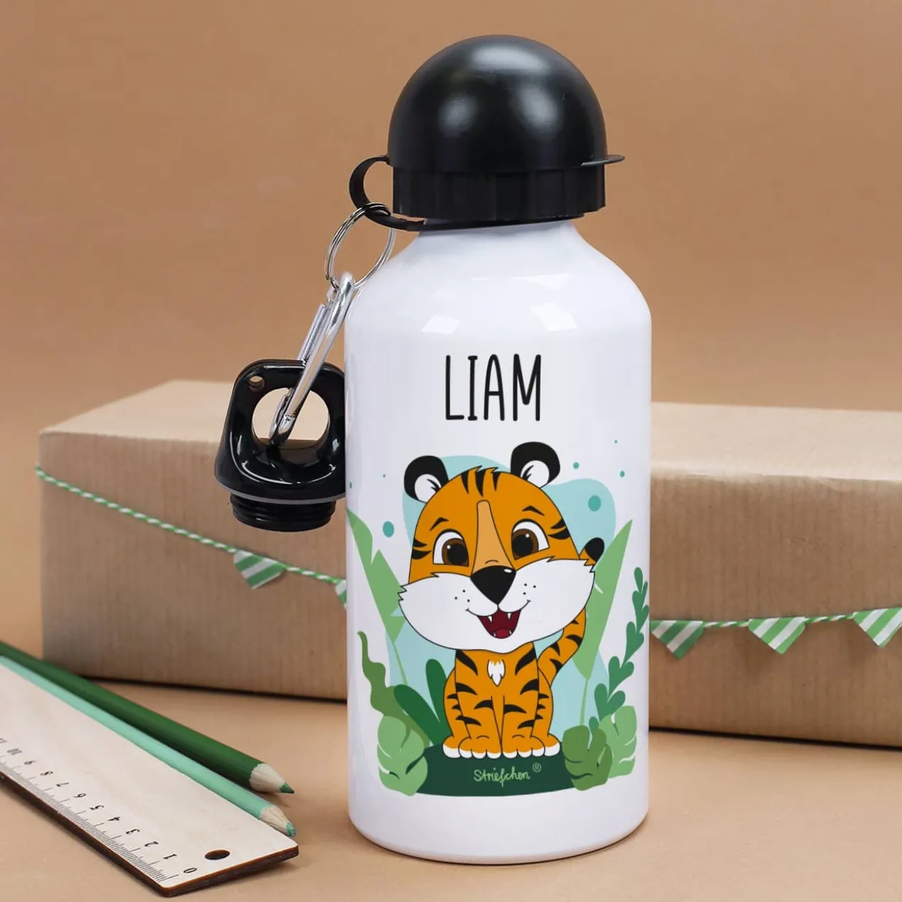Trinkflasche mit Tigermotiv und Namensaufdruck