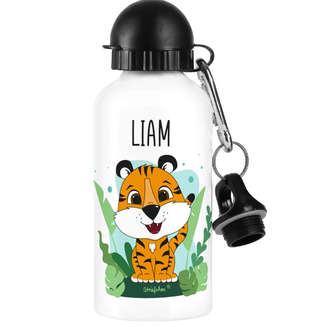 Trinkflasche mit Tigermotiv und Namensaufdruck