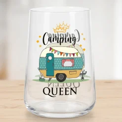 Trinkglas als Geschenk für Camperinnen & Camping Urlaub | Camping Queen mit Wohnwagen | Glas 430 ml