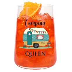 Trinkglas als Geschenk für Camperinnen & Camping Urlaub | Camping Queen mit Wohnwagen | Glas 430 ml