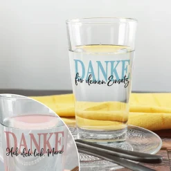 Trinkglas - Danke - mit Ihrem Wunschtext in blau oder rosa