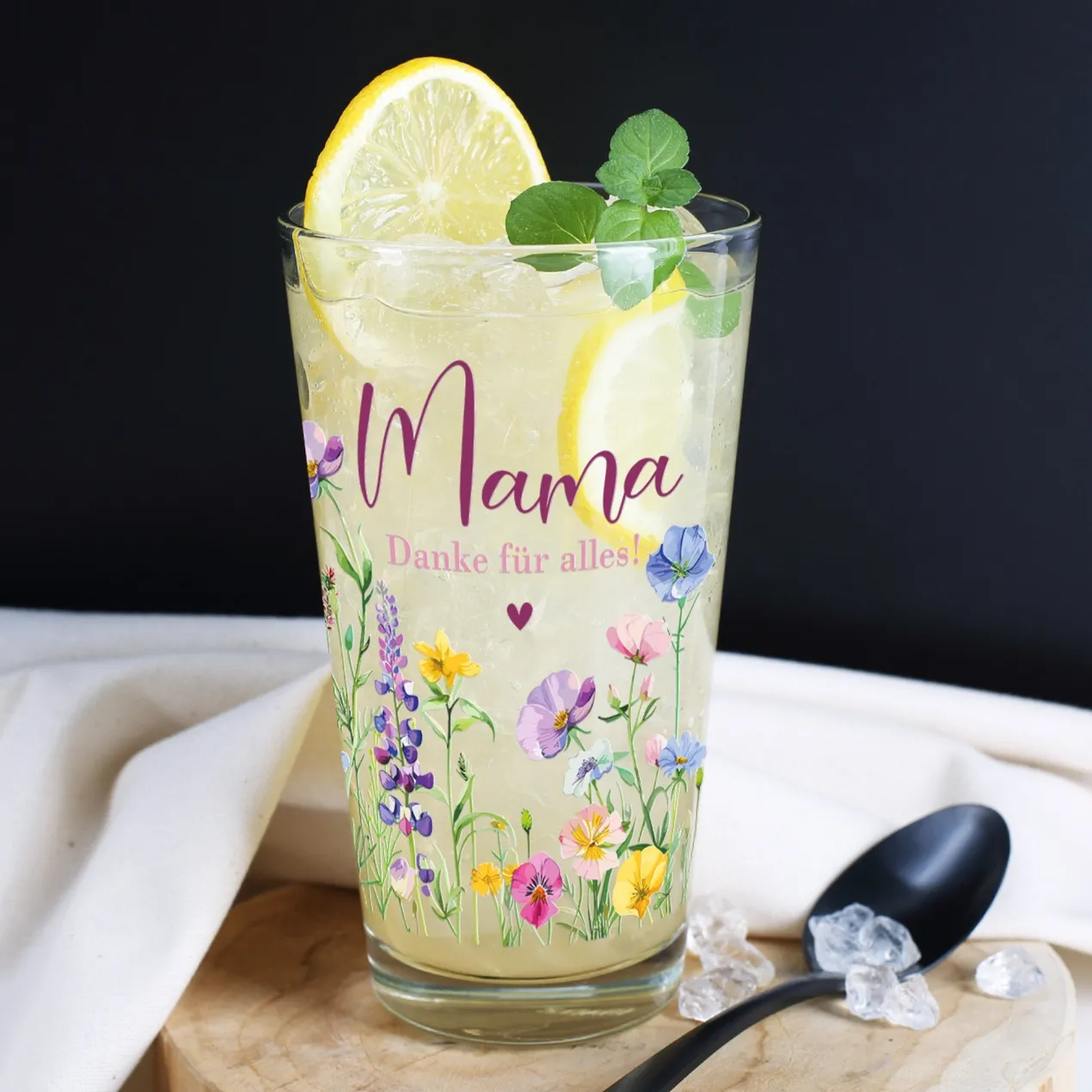 Trinkglas für Mama mit eigener Botschaft personalisierbar | Blumen-Motiv